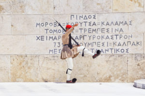 Evzone soldiers performing change of guard, Athens, Greece, Europe, Evzone soldiers performing change of guard, Athens, Greece, Europe,